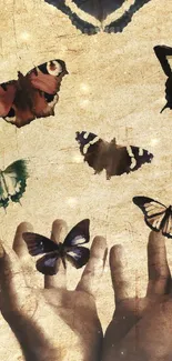 Hands releasing butterflies on textured background.