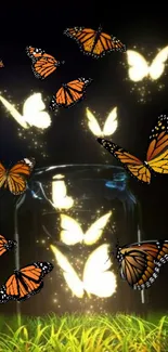 Mobile wallpaper with glowing butterflies surrounding a jar at night.