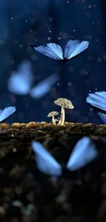 Blue butterflies and luminous mushrooms in a dark forest setting.