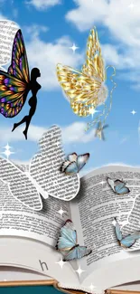 Open book with butterflies and fairies in a whimsical sky scene.