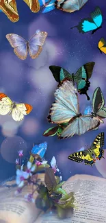 Colorful butterflies flit above an open book on this imaginative mobile wallpaper.