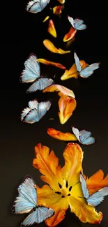 Vibrant butterflies and petals cascade on dark background.