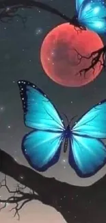 Blue butterflies around a red moon with a dark tree silhouette.