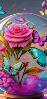 Colorful wallpaper of a pink rose and butterflies in a globe.