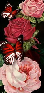 Red butterflies resting on pink roses with a dark background.