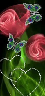 Butterflies and roses with neon green hearts mobile wallpaper.