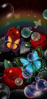 Vibrant wallpaper with butterflies, roses, and bubbles.