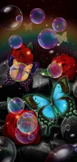 Colorful butterflies flutter over red roses on a dark, rainbow-lit background.