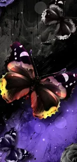 Vibrant butterflies and dark roses on a purple and black background mobile wallpaper.