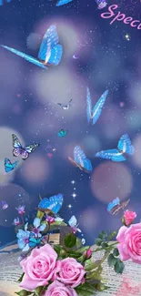 Mobile wallpaper with blue butterflies and pink roses on a dreamy background.