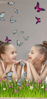 Two smiling girls with butterflies in serene nature backdrop.