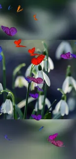 Elegant snowdrops surrounded by colorful butterflies in serene nature scene.