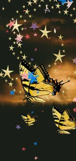 Butterflies with starry night background on mobile wallpaper.