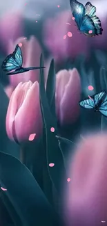 Pink tulips with blue butterflies in a dreamy scene.