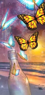 Colorful butterflies fly from a bottle at the beach during sunset.