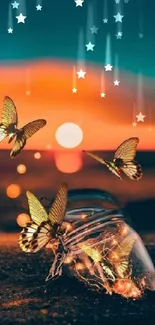 Butterflies flutter around a jar against a stunning sunset sky background.