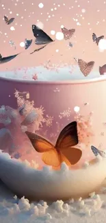 Whimsical pastel teacup with butterflies in a dreamy mobile wallpaper.