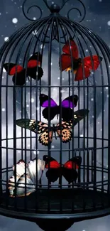 Mobile wallpaper of vibrant butterflies in a dark, whimsical cage setting.