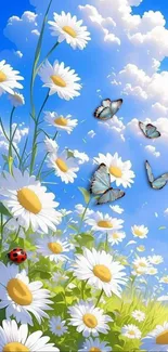 Butterflies fluttering over a daisy field under a clear blue sky.