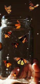 Vibrant butterflies flutter inside a glass jar against a dark background.