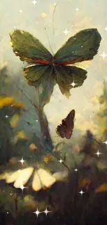 Butterflies flutter in a mystical forest with lush green foliage.