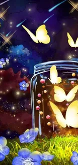 Vibrant night scene with glowing butterflies in a jar surrounded by stars and flowers.