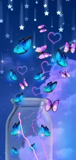 Blue butterflies and hearts in a night sky with purple clouds.