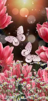 Pink tulips and butterflies with a glowing background in a mobile wallpaper.