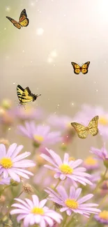 Butterflies flutter above pink daisies in a serene natural setting.