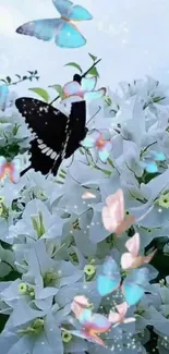 Butterflies fluttering over white flowers in a serene garden scene.