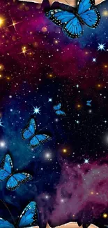 Blue butterflies fluttering in starry cosmic sky.