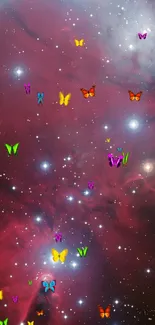 Cosmic wallpaper with colorful butterflies and a starry nebula background.