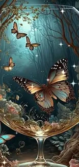 Butterflies encased in a glass orb within a mystical forest scene.