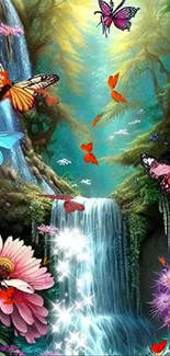 Enchanting forest wallpaper with colorful butterflies and a serene waterfall.