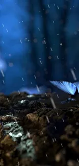 Blue butterflies in magical forest at night, enchanting wallpaper.