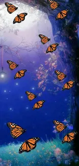 Magical butterflies flying in an enchanted forest scene with vibrant night colors.