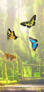 Colorful butterflies flutter in a sunlit forest scene, creating peaceful mobile art.