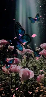 Vibrant butterflies flutter over pink flowers in a magical garden setting.