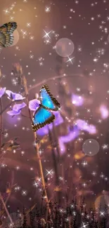 Butterflies flutter among glowing flowers in a twilight meadow scene.