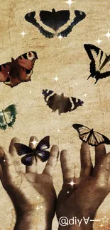 Open hands with colorful butterflies on sepia background.