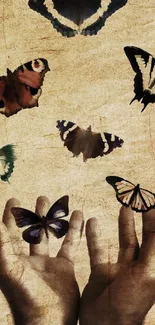 A serene image of butterflies flying out of hands against a rustic background.