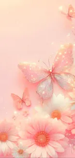 Delicate butterflies among pastel flowers on a light pink background.