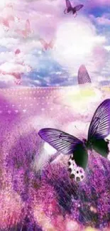 Vibrant butterflies fluttering in a purple field under a dreamy sky.