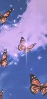 Butterflies flutter in a starry blue sky.