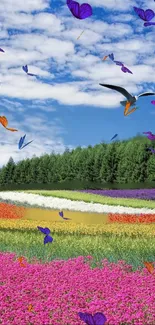 Colorful meadow with butterflies under a bright blue sky.