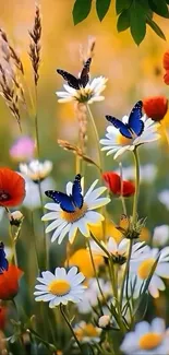 Butterflies fluttering among colorful wildflowers in a meadow.