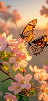 Butterflies rest on cherry blossoms during sunset.