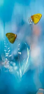 Yellow butterflies fluttering over a blue floral backdrop.