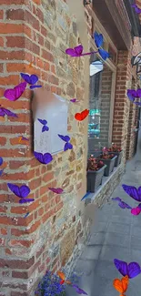 Vibrant butterflies on a rustic brick wall in urban setting.