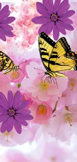 Two butterflies on cherry blossoms with purple flowers, set against a pink backdrop.